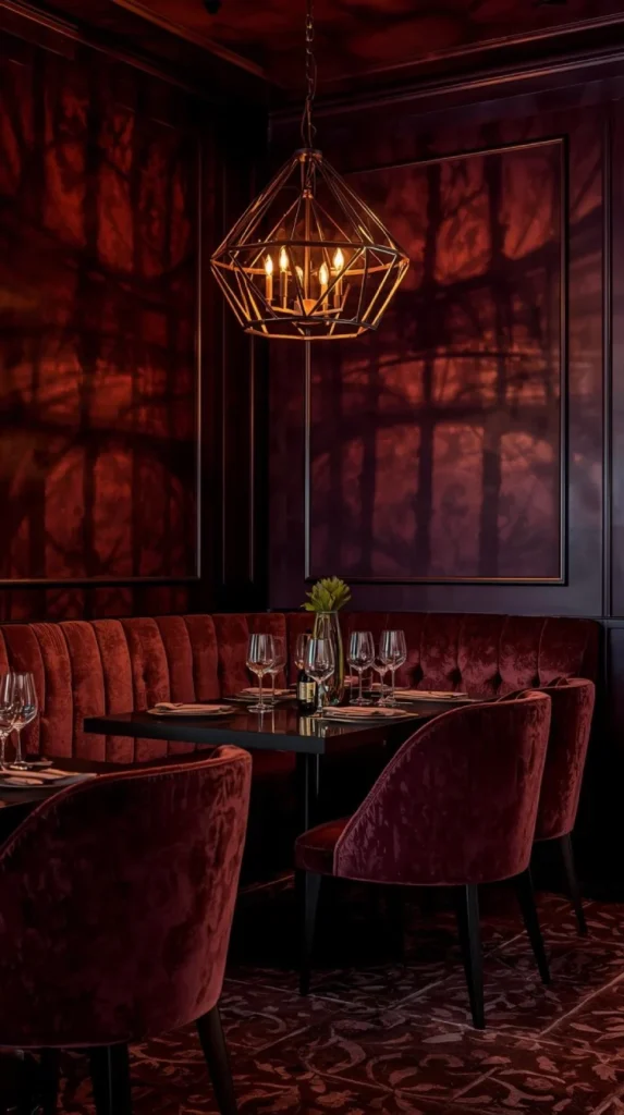 dining nook with a bold geometric chandelier