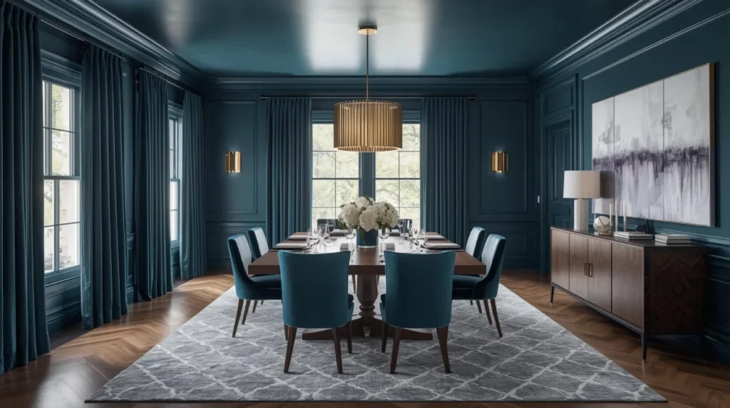 dining room fully color drenched in a rich deep teal blue, with matching walls, ceiling, trim, and window frames.