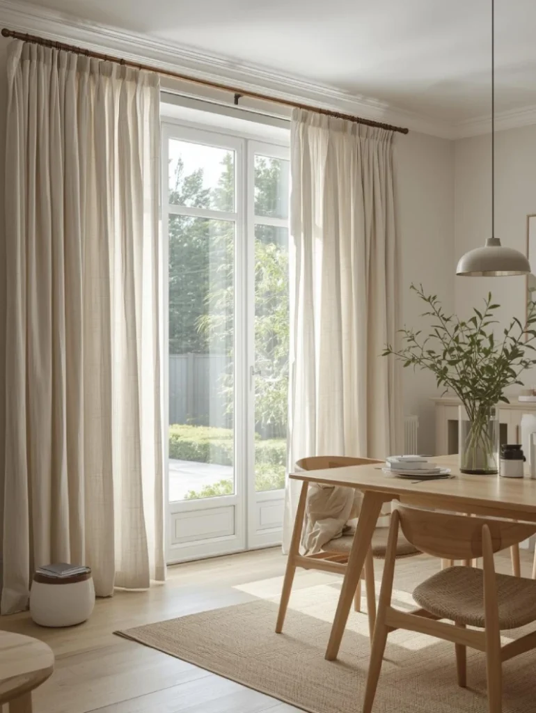 Modern dining room featuring motorized smart curtains in sleek dark fabric, remote control device on table, subtle LED accent lighting in background, futuristic but livable vibe.