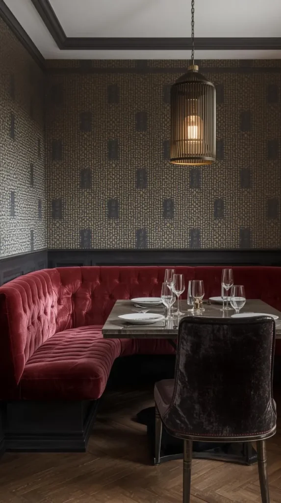 elegant deco style pendant lighting above a breakfast nook with velvet bench seating