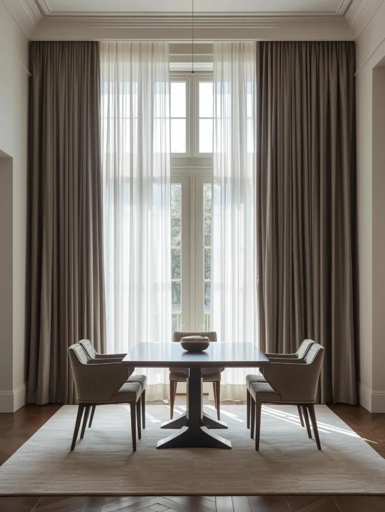 Elegant full-length dining room curtains featuring tall windows.