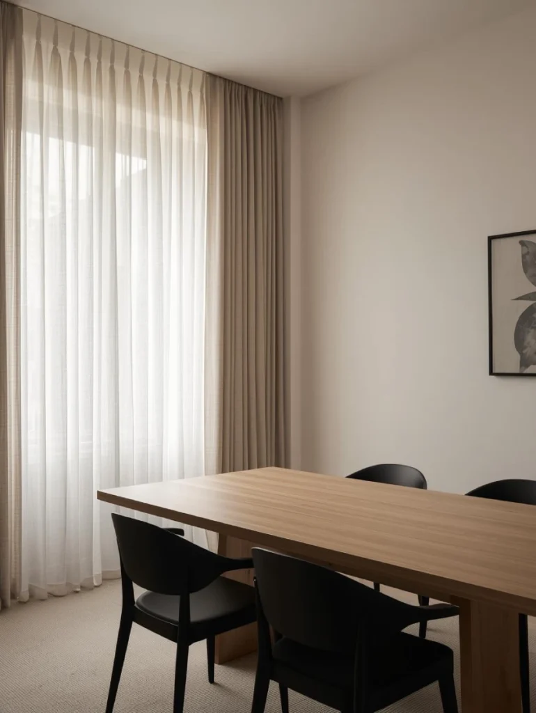 Elegant dining room styled with neutral curtains in soft beige, minimalist black dining chairs around a light oak table, subtle artwork on walls, timeless editorial photography style.