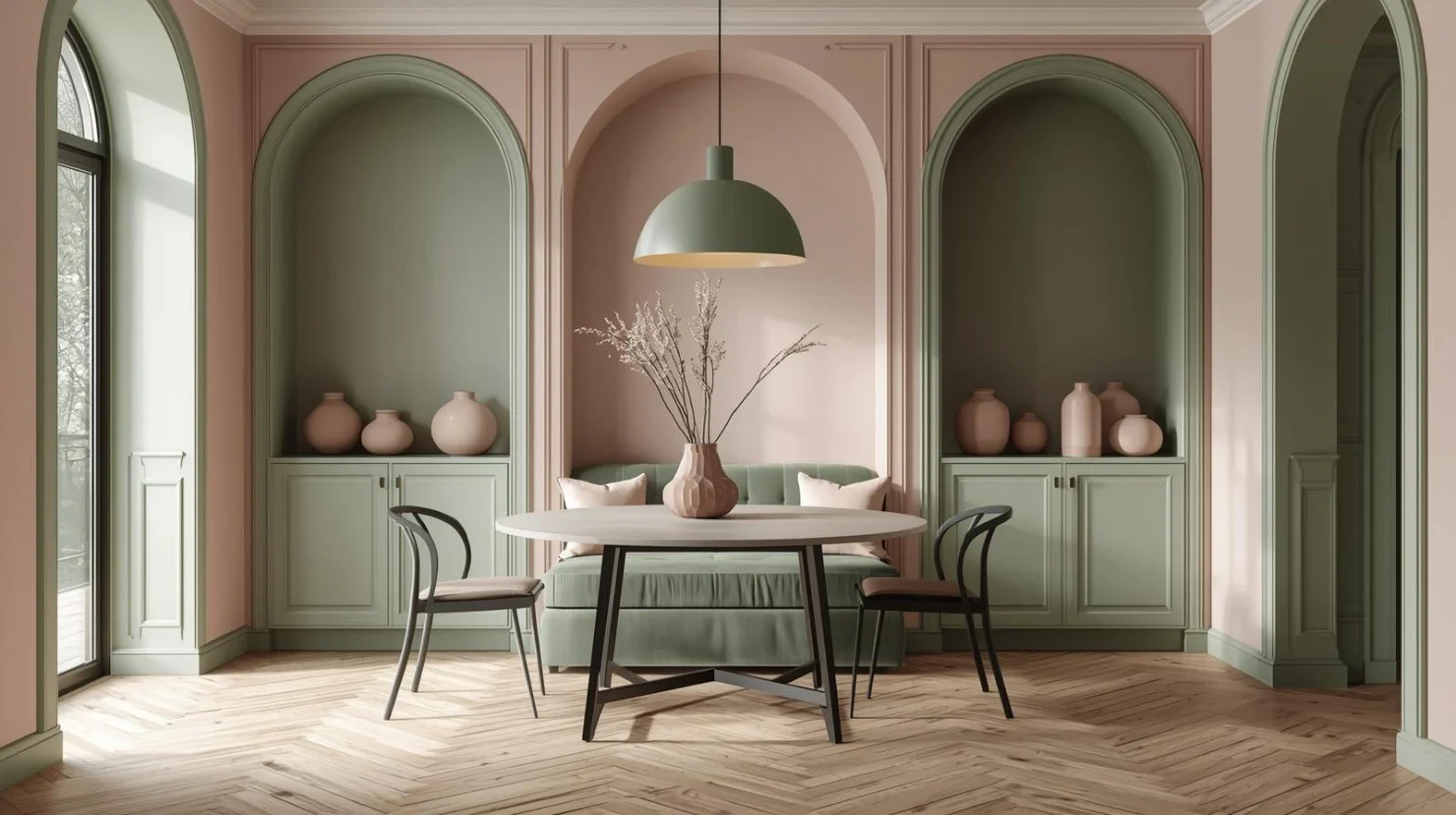 elegant interior featuring a sophisticated sage green and soft blush pink color palette.