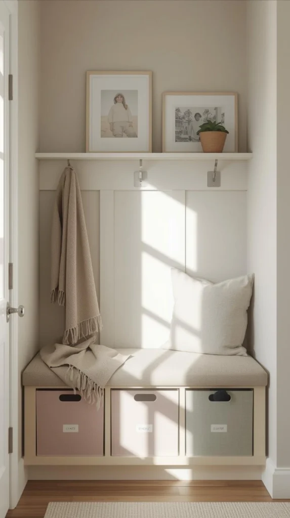 entry cubbies with labeled canvas bins in soft tones—beige, blush, sage.