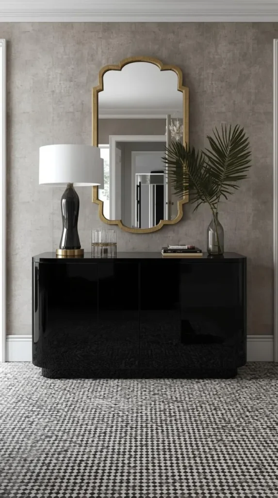 entryway vignette with scalloped gold deco mirror, black lacquer console, and mosaic tile floor.