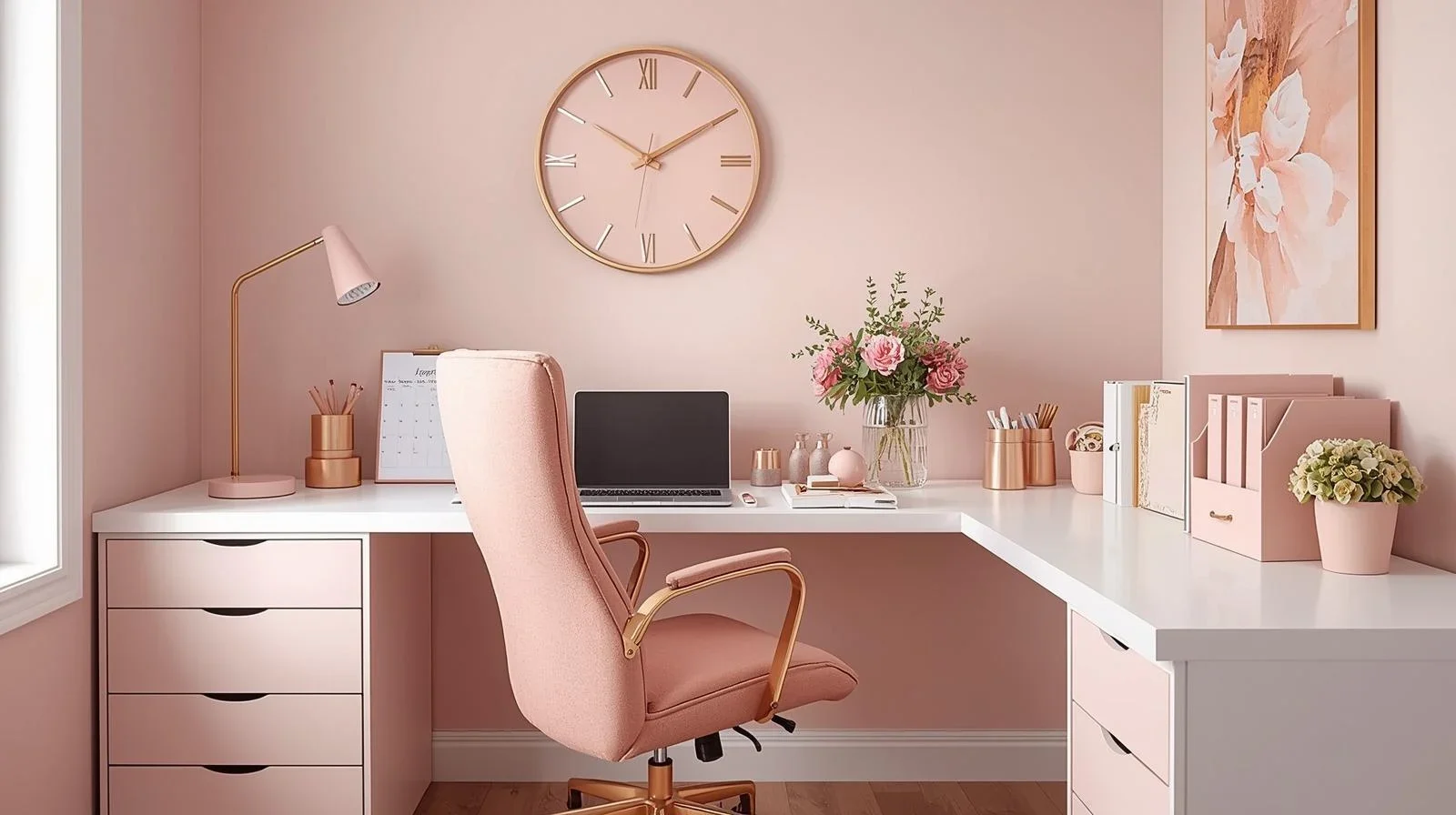 feminine and modern corner office in soft pink tones with gold accents in an office setting.
