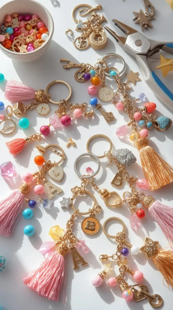 flat lay of colorful charm keychains spread out on a white desk.
