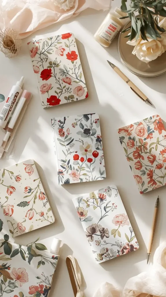 flat lay of several handmade journals with unique covers—floral, abstract, and vintage inspired.