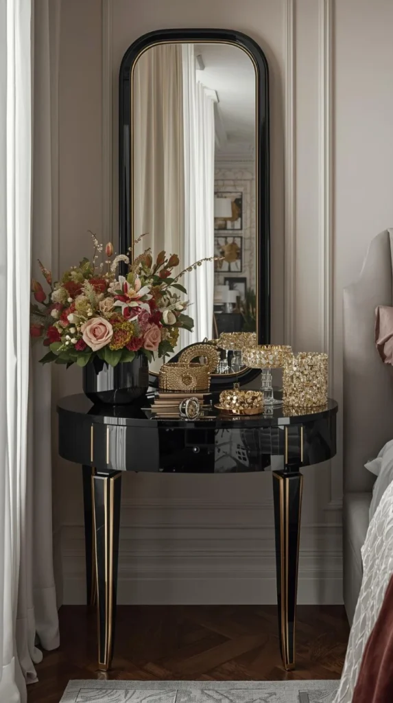 glamorous bedroom corner featuring a black lacquered vanity with stepped legs,