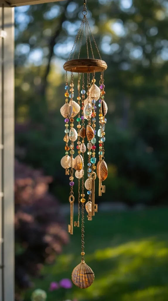 handmade wind chime made of seashells, beads, and keys