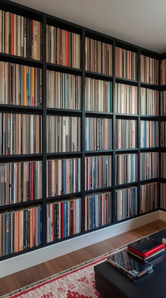 high end, full wall storage filled with colorful lp spines, styled like a designer library meets music room — refined and bold.