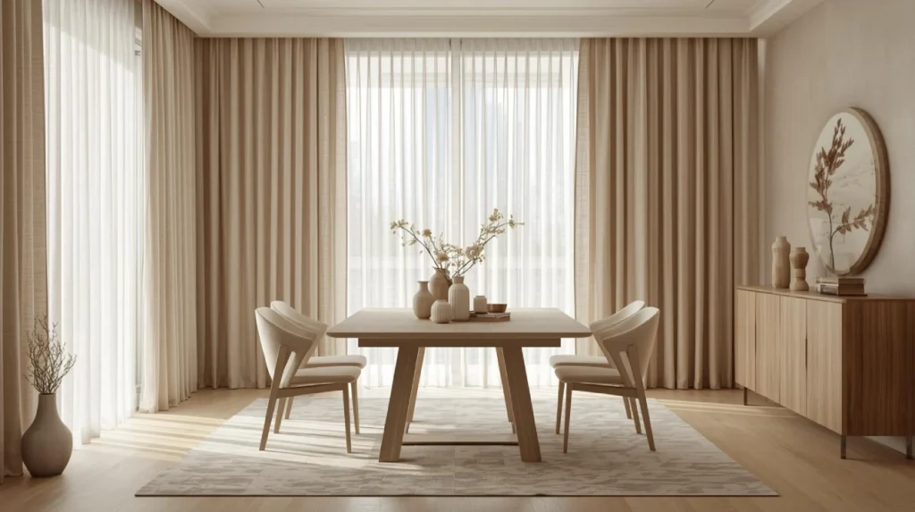 High-resolution photo of a stylish dining room with floor-to-ceiling curtains as the focal point