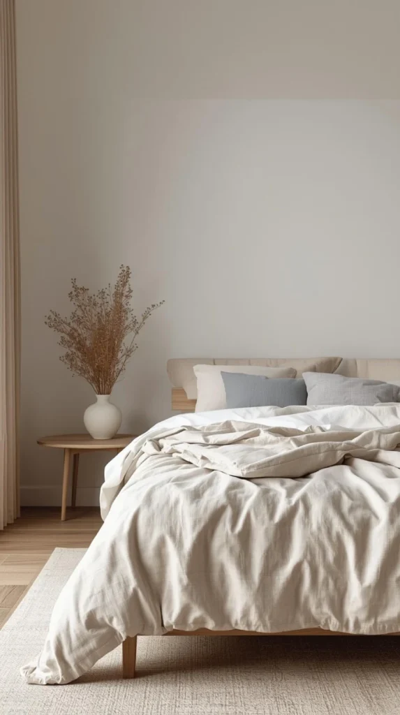 japandi bedroom with neutral tones and a subtle accent color (dusty blue, terracotta, or sage green)