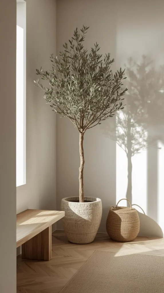 japandi entryway with a tall olive tree in a stone planter.