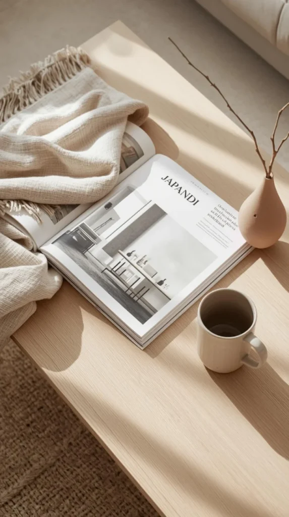 japandi interior design book open on a clean wood coffee table with a linen throw, ceramic mug, and branch in a vase.