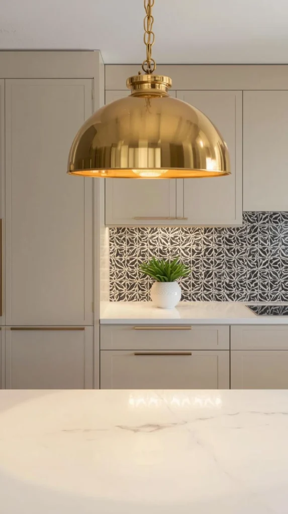 kitchen with sleek cabinets, a bold gold art deco pendant light