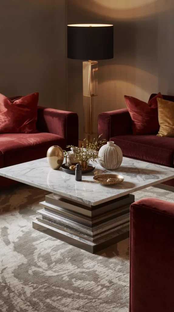 living room vignette with rectangular marble top coffee table and stepped metal legs.