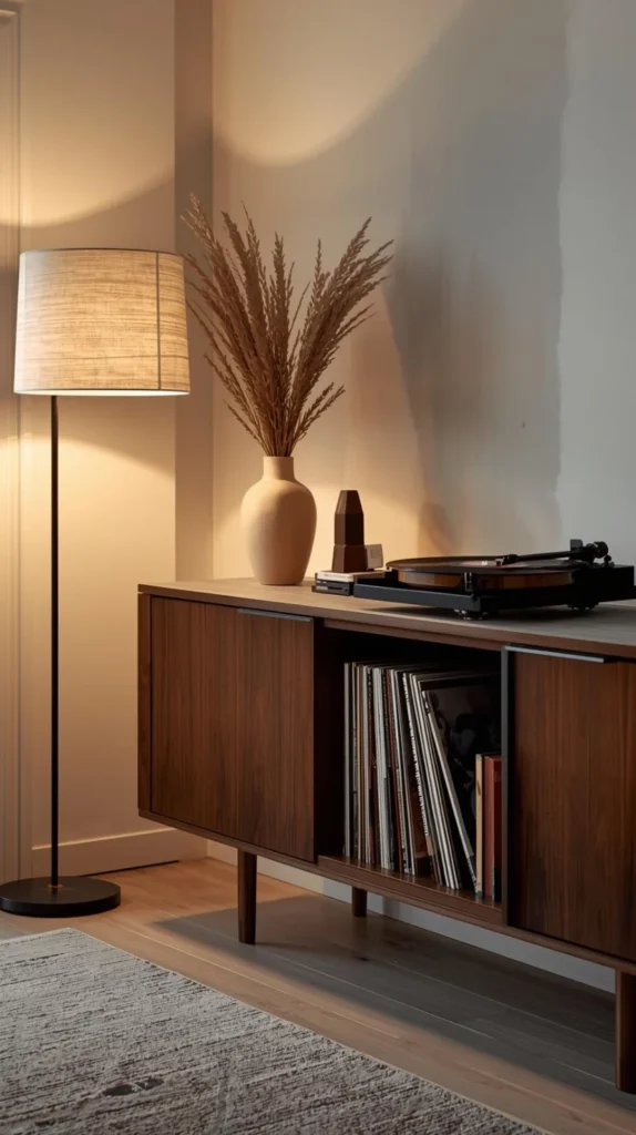 mid century console cabinet with record storage