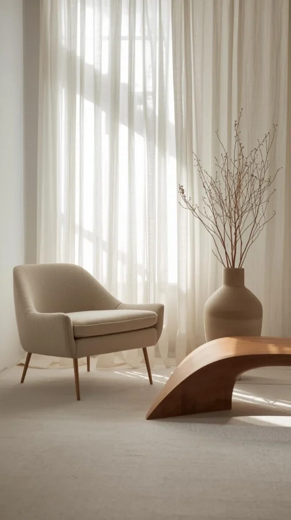 minimalist japandi interior with a sculptural armchair, handcrafted vase, linen curtain, and curved wood bench.