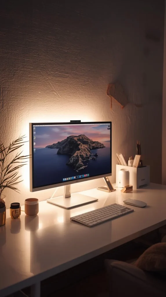 modern led light bar glowing warm white over a clean white desk.