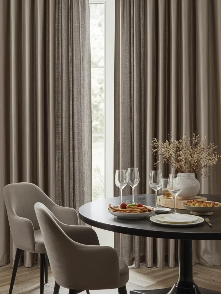 Modern dining space with taupe-colored curtains made of performance fabric, sleek finish with subtle texture, wine glasses and food on the table to suggest stain resistance, clean lines, lifestyle-inspired interior