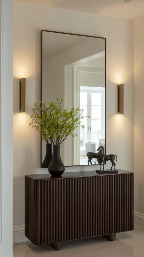 modern entryway with white walls and soft warm lighting, two slim vertical cordless wall sconces