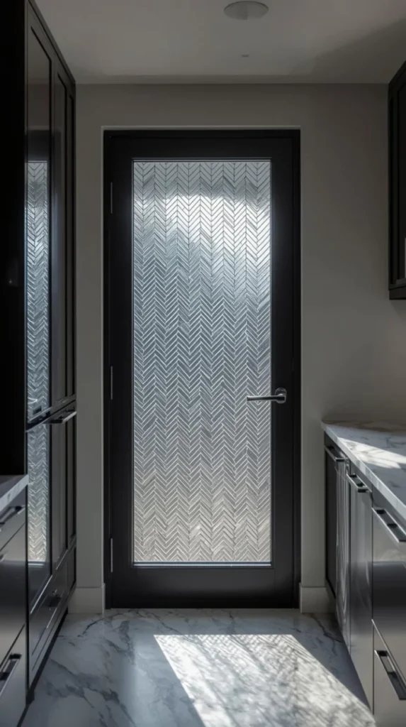 modern kitchen custom etched frosted glass door