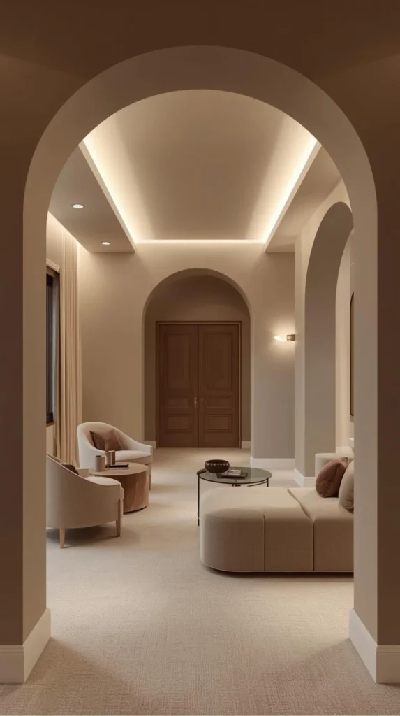 modern living room painted in warm greige, including the ceiling, featuring curved furniture