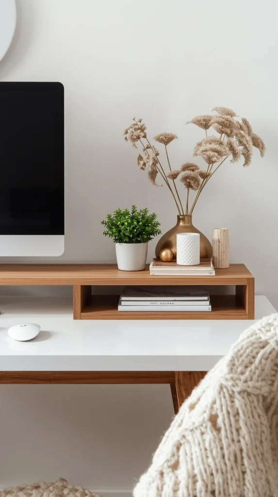 monitor stand in oak finish holding a monitor, with shelves on top of white desk.