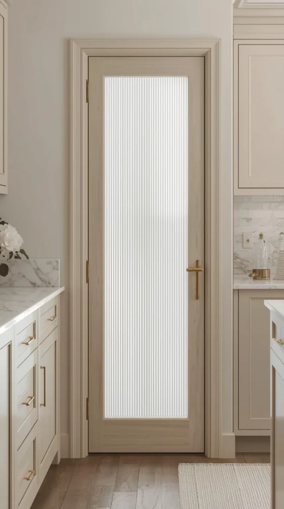 neutral toned kitchen with a vertical ribbed glass pantry door framed