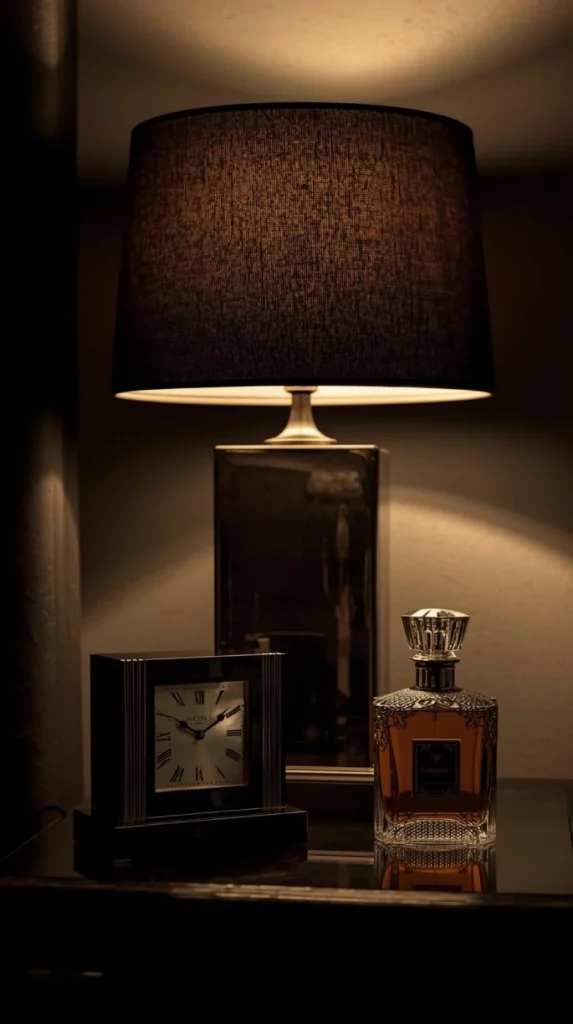nightstand with a rectangular deco desk clock, velvet lamp shade