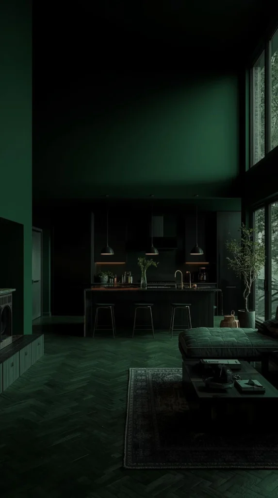 open concept kitchen and living room with high ceilings, painted entirely in a dark forest green tone, feeling heavy