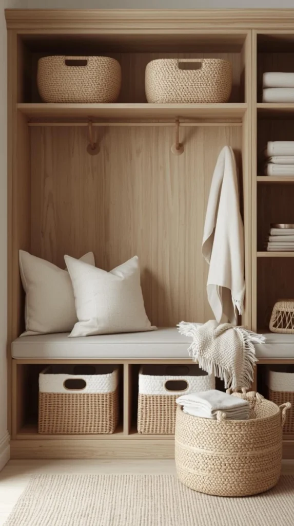 open shelf with bench seat styled with woven baskets, linen bins, and folded throws.