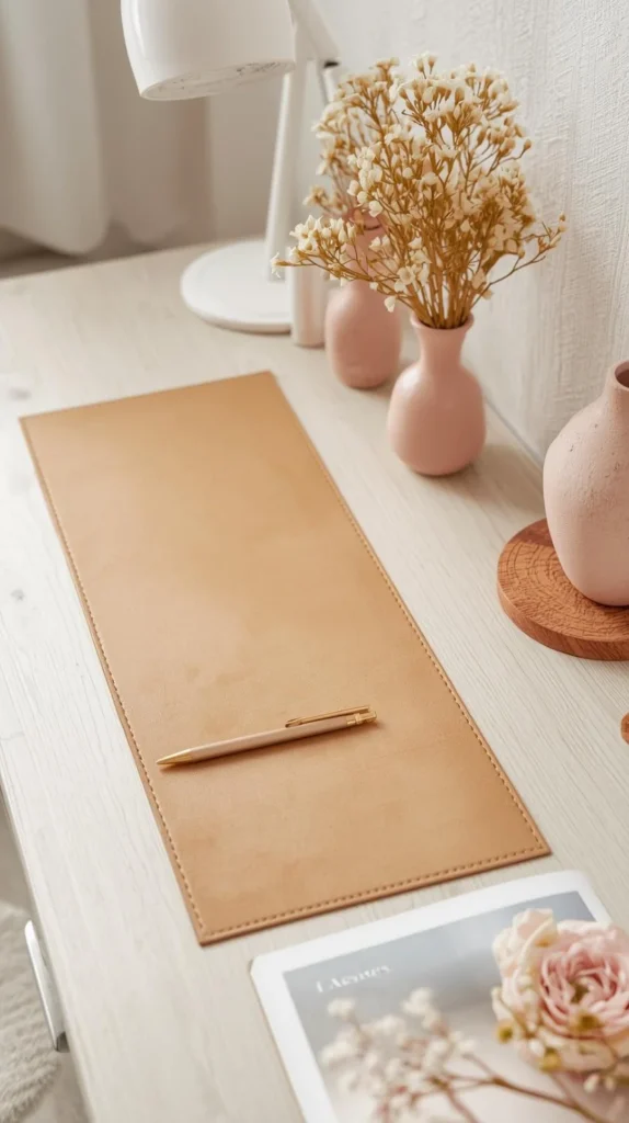 pinterest style feminine desk setup with a long faux leather camel desk mat