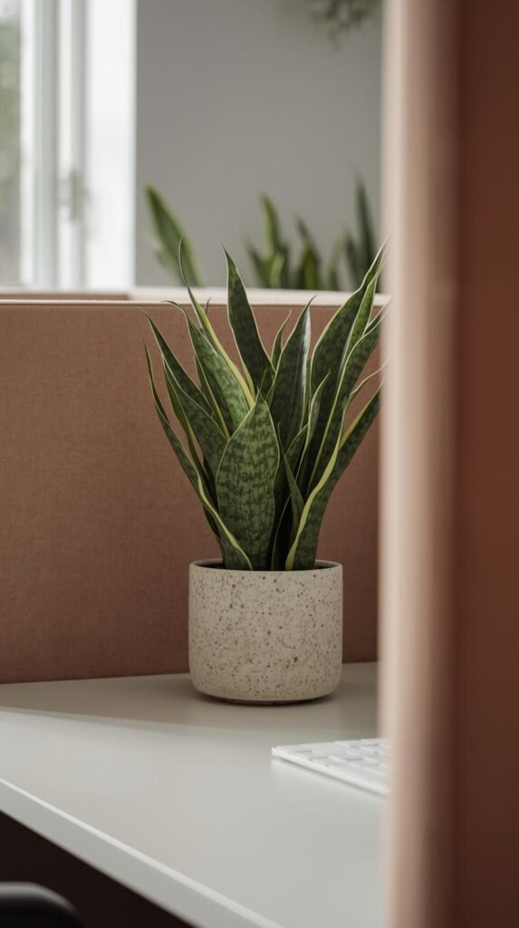 pinterest worthy small office plants in ceramic or terracotta pots—snake plant on the desk. clean cubicle style with a muted palette and organic textures.