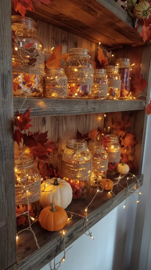 rustic wooden shelf decorated with glass jars wrapped in twine, filled with faux pumpkins, autumn leaves, and fairy lights.