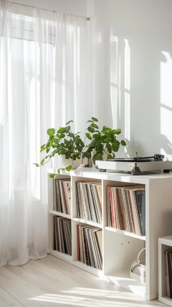 scandinavian style white kallax shelf filled with vinyl records