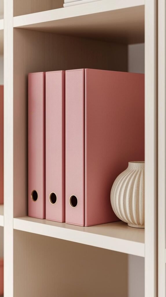 sleek pink magazine files with gold or handwritten labels. (2)