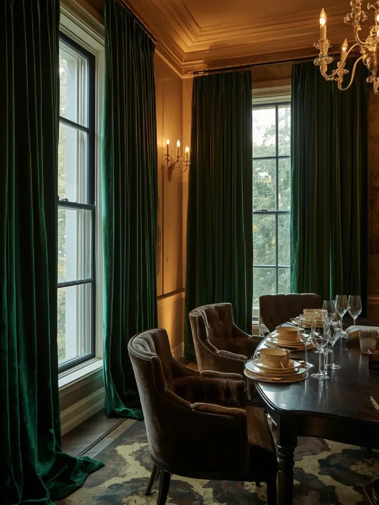 Sophisticated dining room with deep emerald velvet curtains pooling slightly on the floor