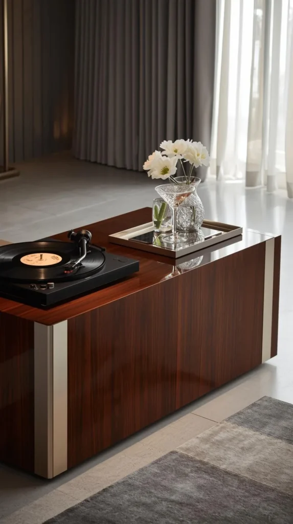 stunning all in one hi fi console in a high end living room, playing vinyl with a cocktail tray on top — music meets lifestyle.