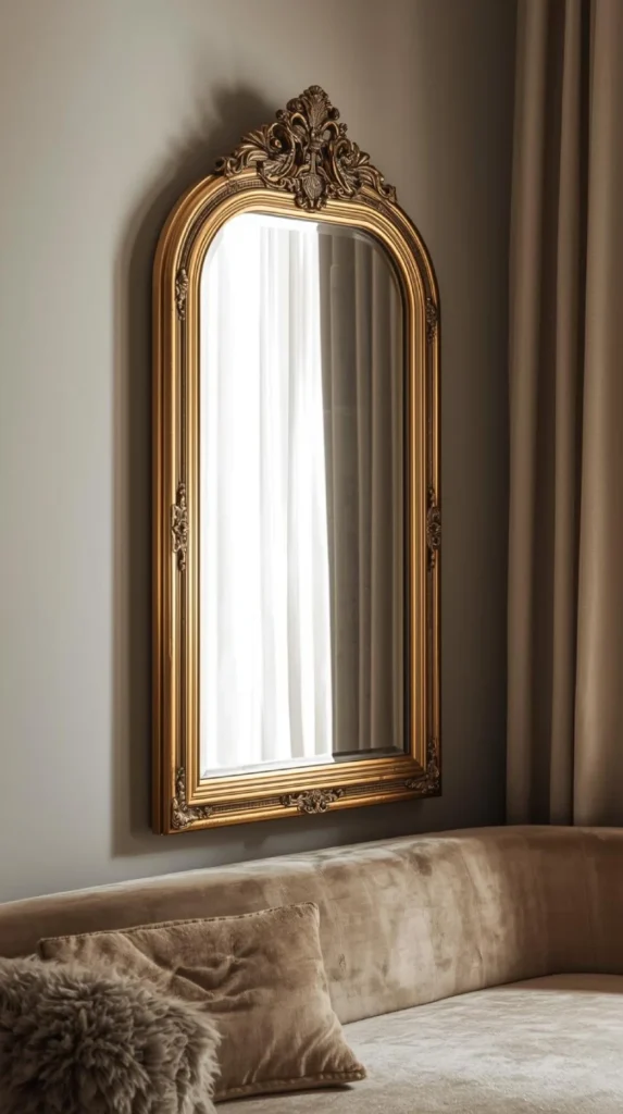 stylish corner of a room with just one bold art deco mirror, neutral walls, and soft textures. example of minimal but glamorous styling.