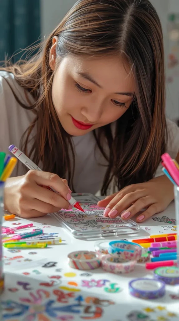 teen decorating a clear phone case with colorful markers, adding doodles and designs.