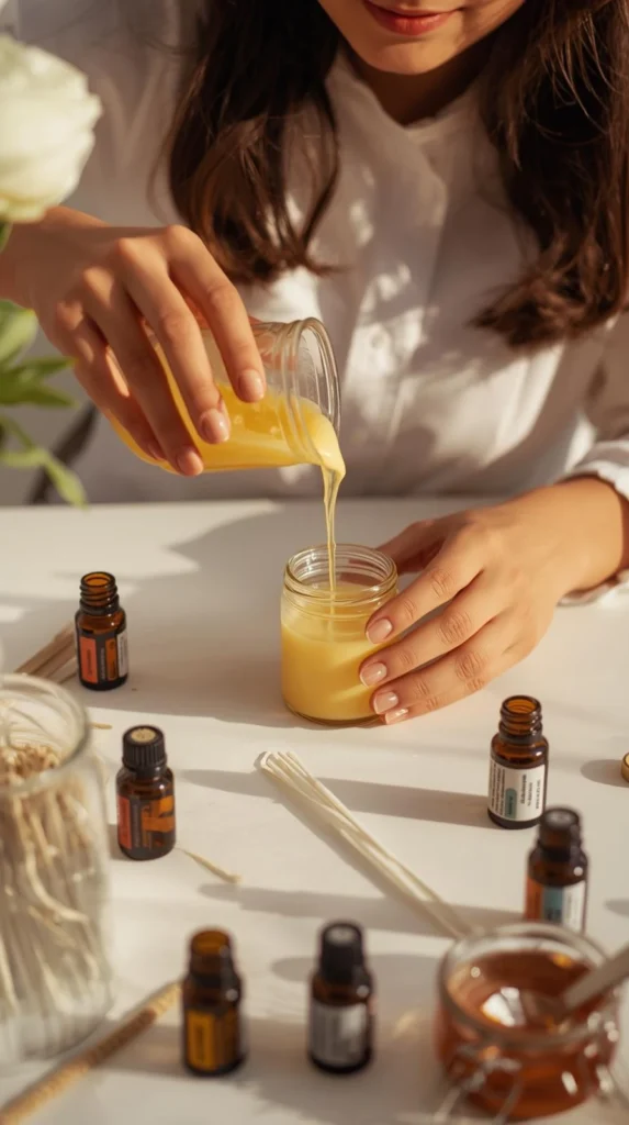 teen pouring melted yellow wax into a small glass jar