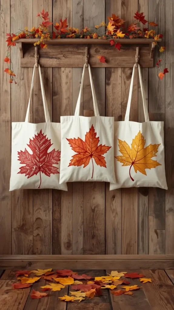 three canvas tote bags hanging on a wall, each decorated with leaf prints in red, orange, and yellow.