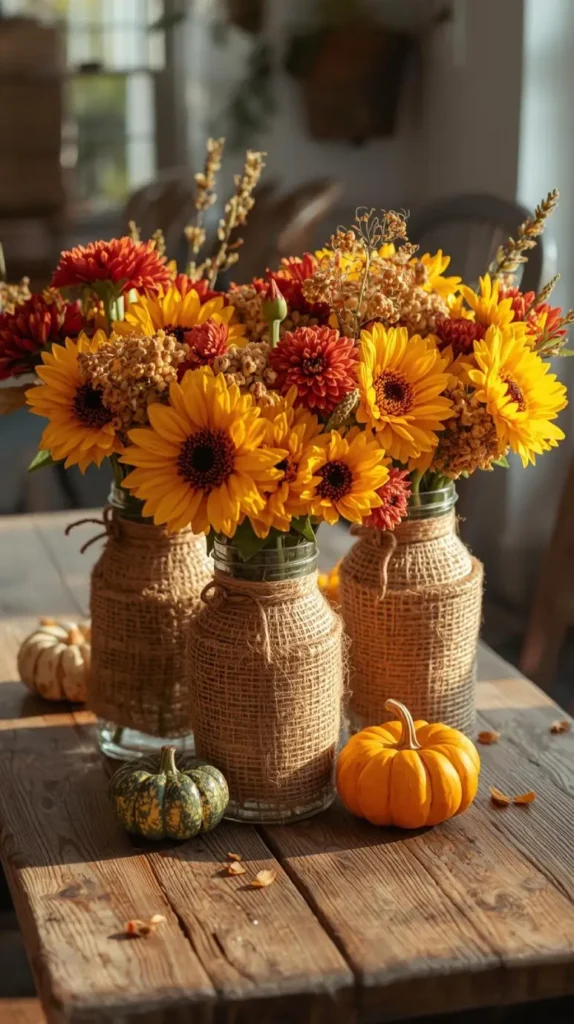 three jute wrapped glass vases filled with bright yellow and deep red fall flowers