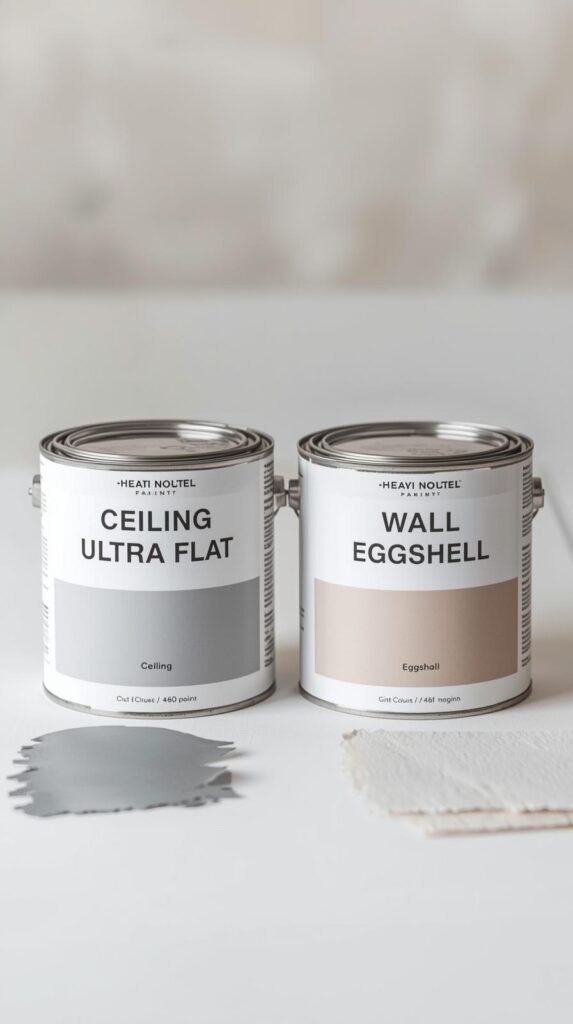 two paint cans side by side one labeled “ceiling paint – ultra flat,” the other “wall paint – eggshell