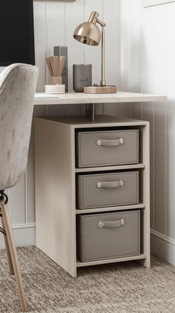 under desk bins in matching soft storage baskets—faux leather.