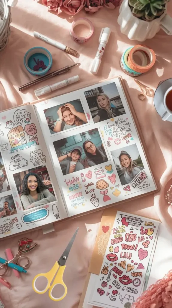 Overhead shot of a teen scrapbook spread on a pastel desk, filled with photos, doodles, colorful washi tape, and stickers.