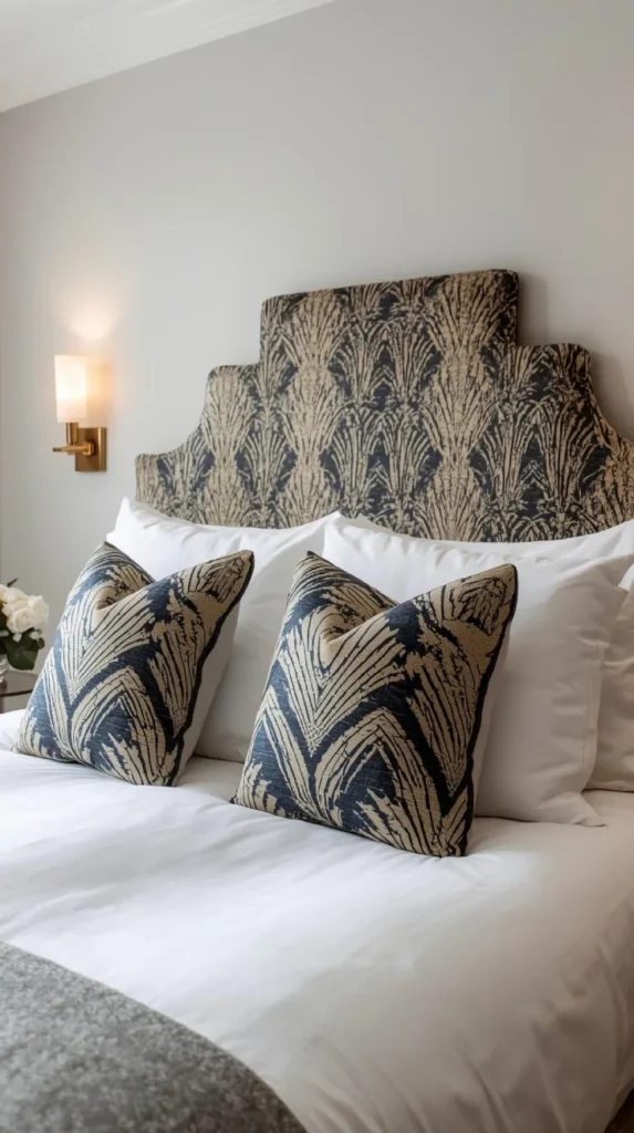 upholstered headboard in art deco print fabric with matching throw pillows