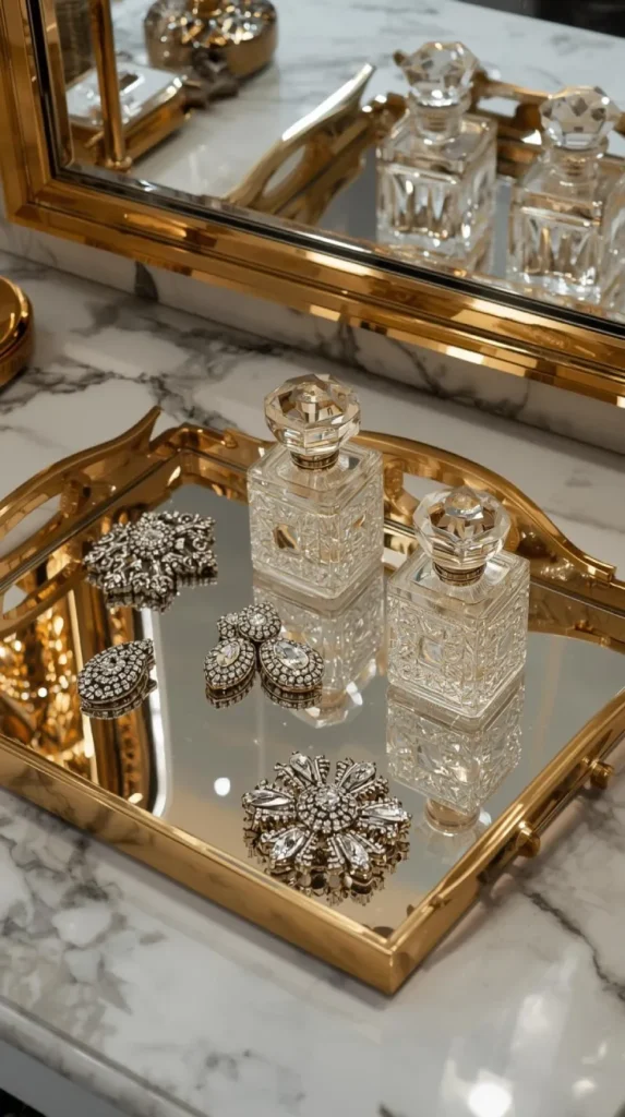 vanity tray with art deco brooches, crystal perfume bottles, and gold mirrored surfaces